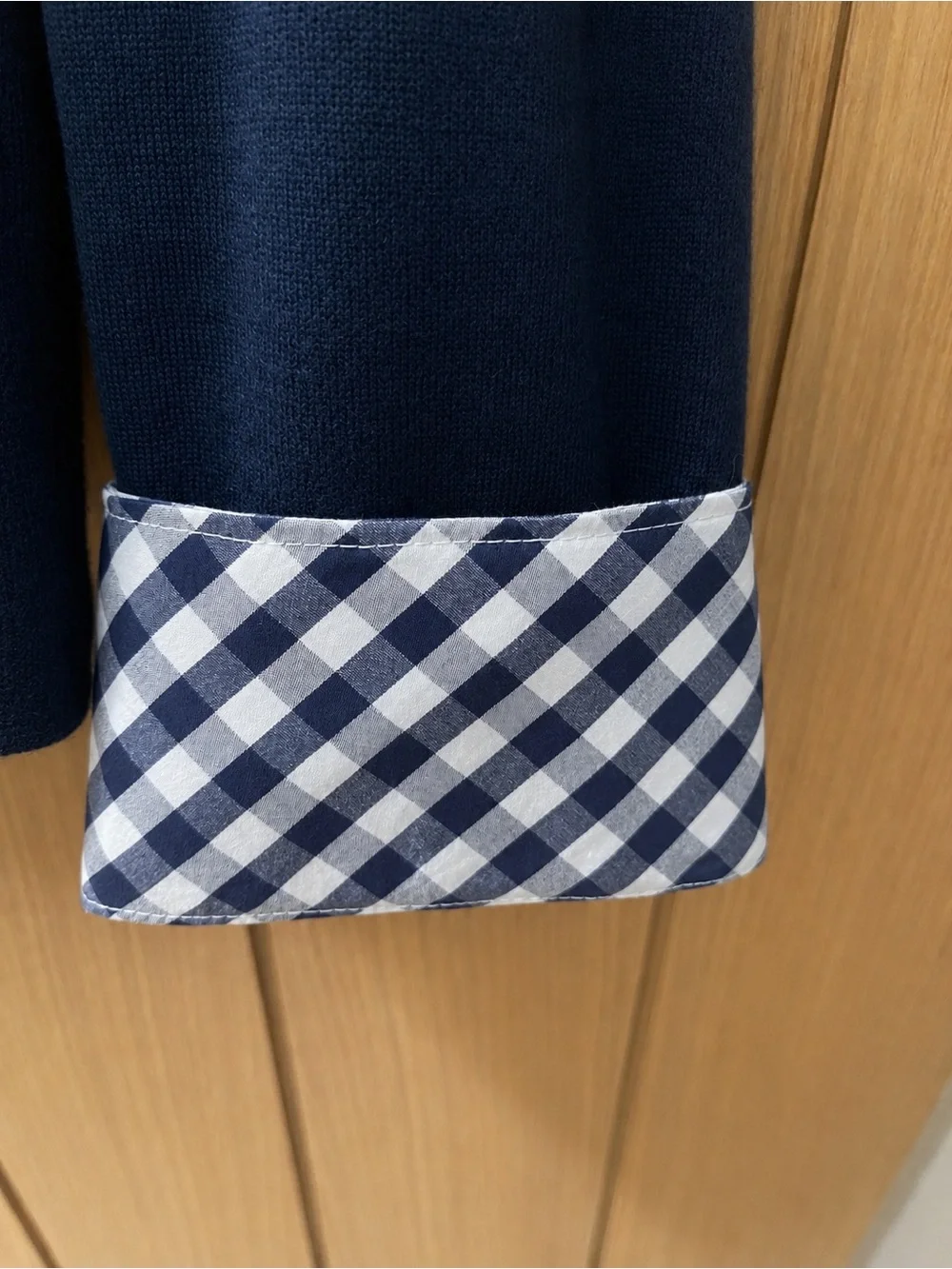 J. Crew Navy Crewneck Sweater with Gingham Cuffs Size L